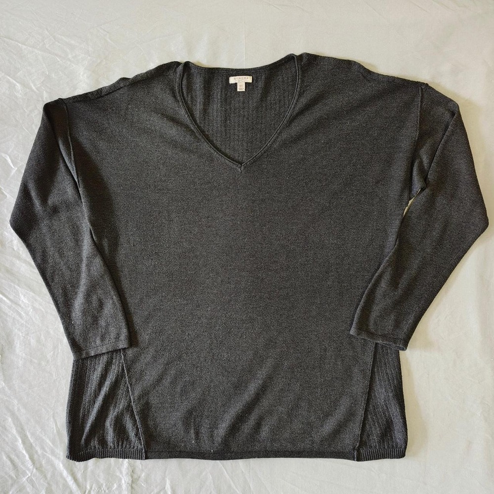 Sonoma Life Style Charcoal Gray Heather V-Neck Sweater Womens XL Cotton Blend